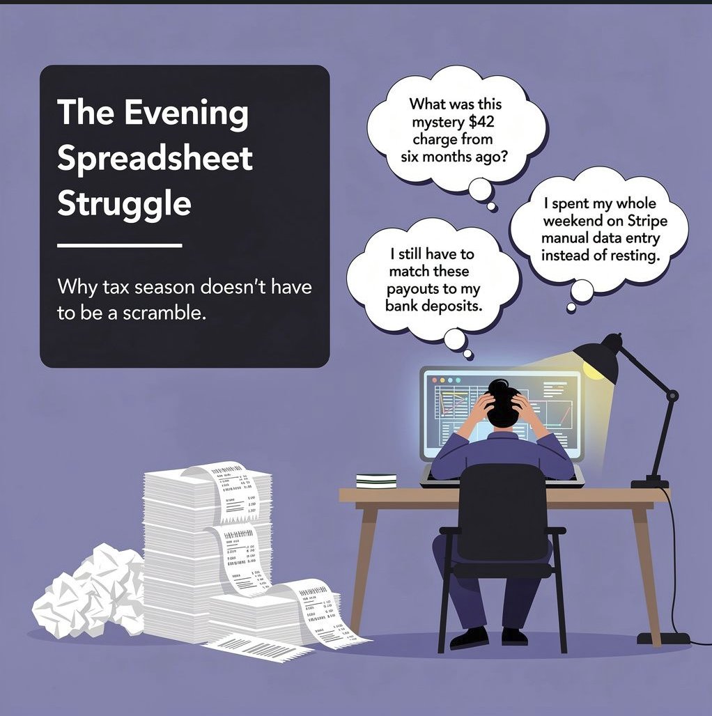 Illustration of a business owner at a desk at night, surrounded by receipts, wondering about an unmatched payout