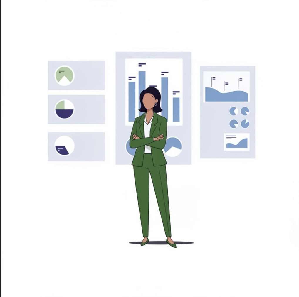 A business owner standing in front of a wall of financial charts and dashboards
